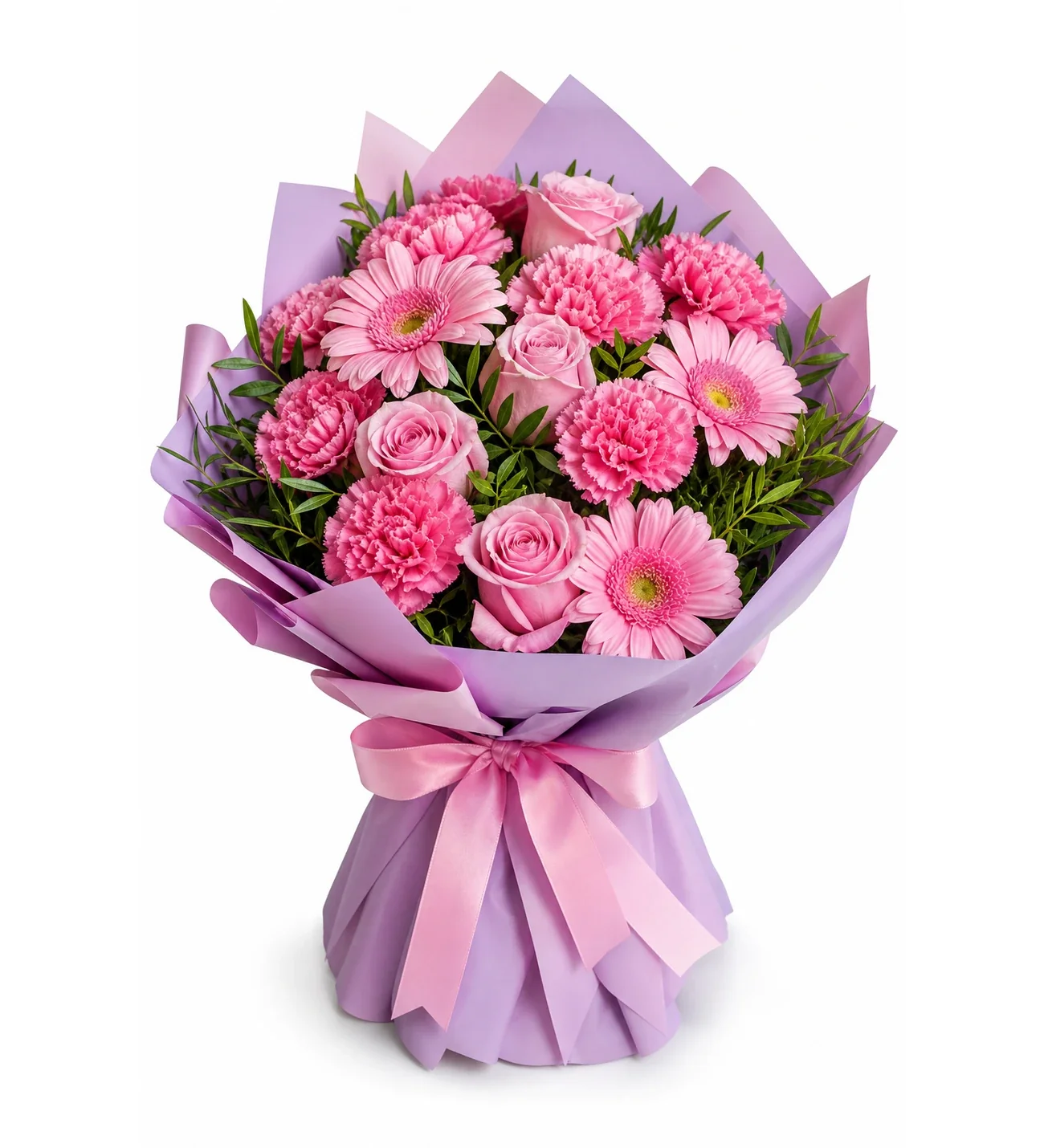 Lila Pembe Bukette Pembe Karanfil Gül ve Gerbera