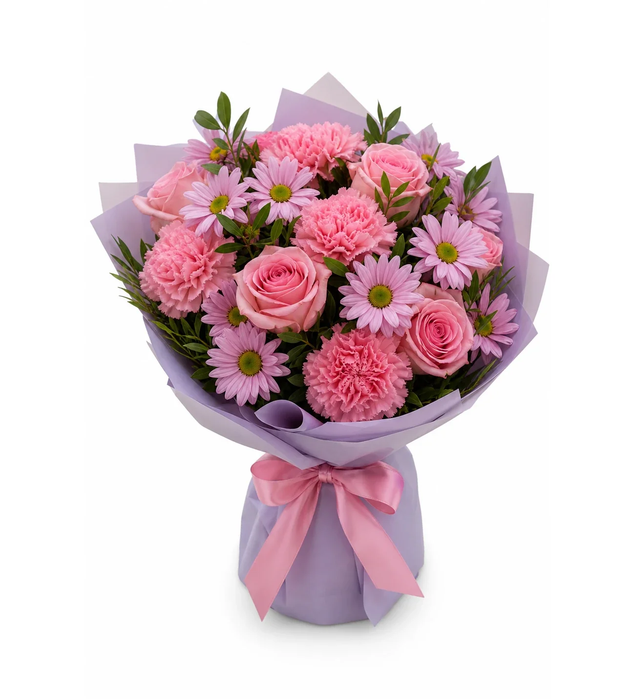 Lila Pembe Bukette Pembe Karanfil Gül ve Papatya